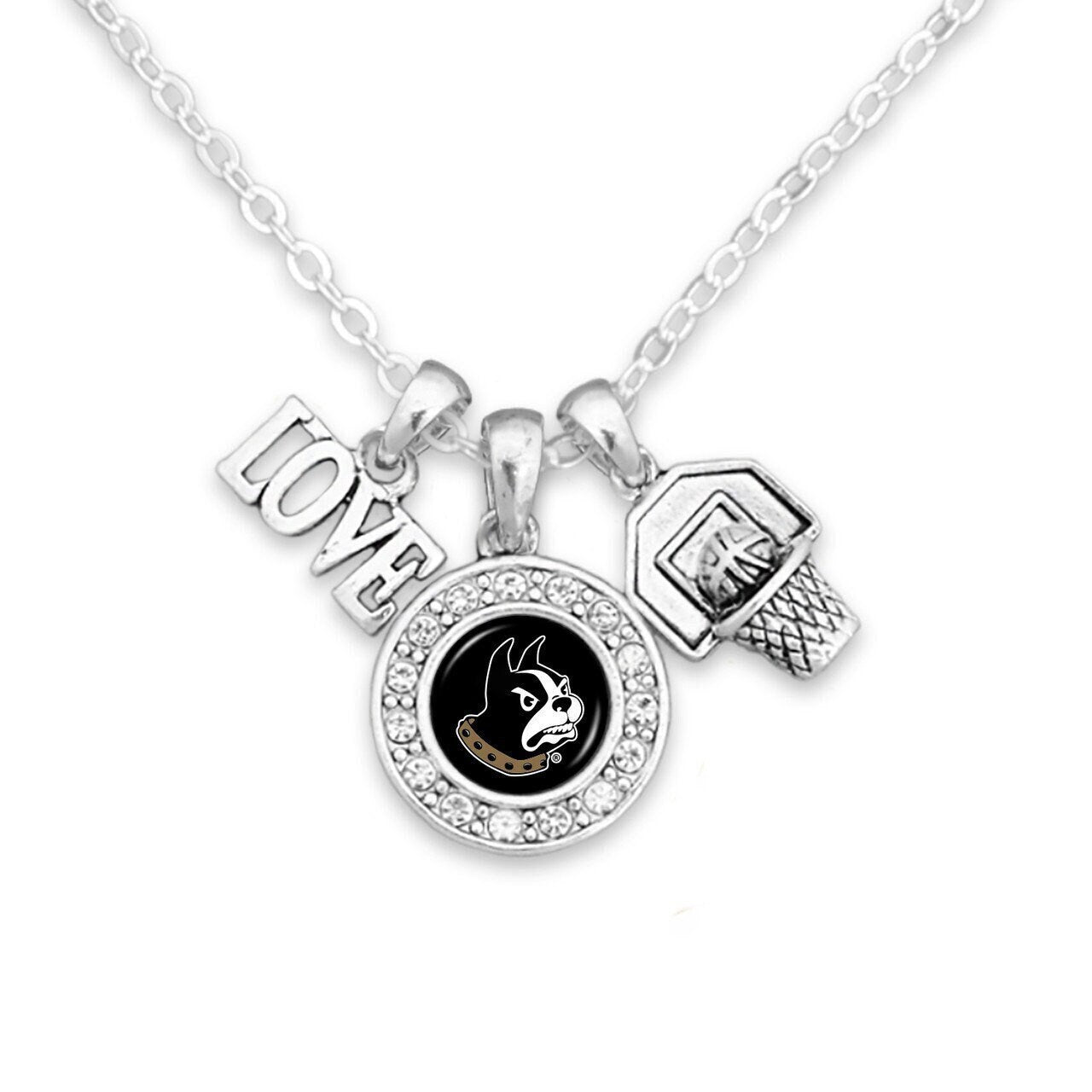 Officially Licensed WOFFORD TERRIERS Necklace with Basketball, Love and Logo Pewter Charms Sterling Plated - Wofford College