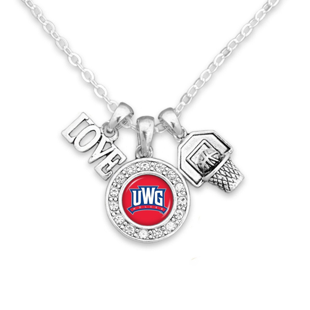 Officially Licensed WEST GEORGIA WOLVES Necklace with Basketball, Love and Logo Pewter Charms Sterling Plated - University of West Georgia