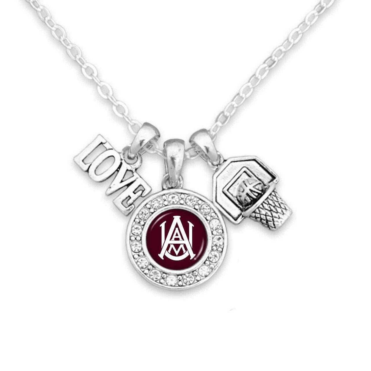 Officially Licensed ALABAMA A&M BULLDOGS Necklace with Basketball, Love and Logo Pewter Charms Sterling Plated - Agricultural and Mechanical