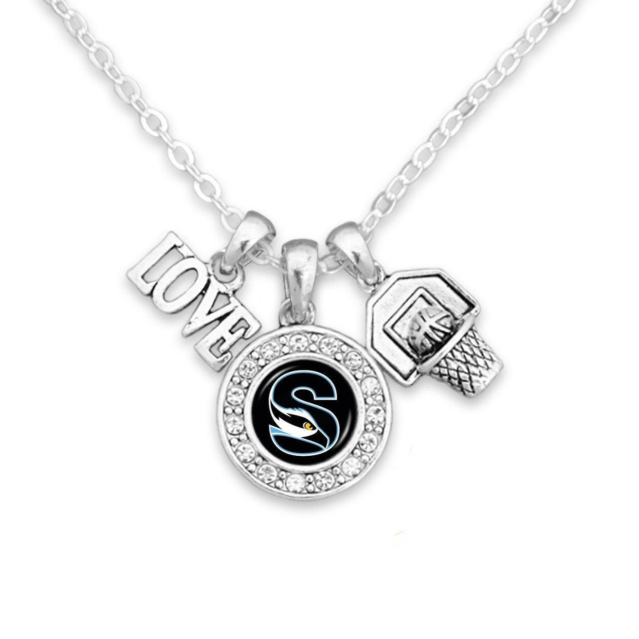 Officially Licensed STOCKTON OSPREYS Necklace with Basketball, Love and Logo Pewter Charms Sterling Plated - Stockton University