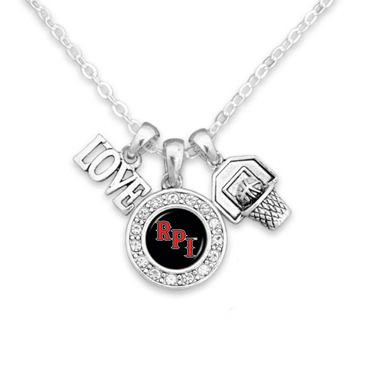 Officially Licensed RENSSELAER POLYTECHNIC INSTITUTE Necklace with Basketball, Love and Logo Pewter Charms Sterling Plated - Rpi Football