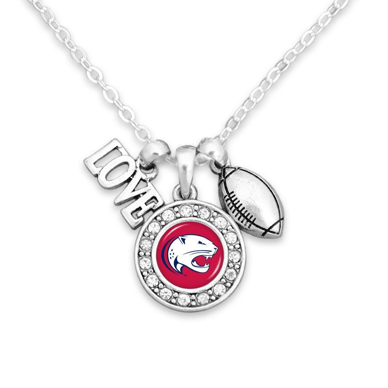 Officially Licensed SOUTH ALABAMA JAGUARS Necklace with Football, Love and Logo Pewter Charms Sterling Plated - University of South Alabama