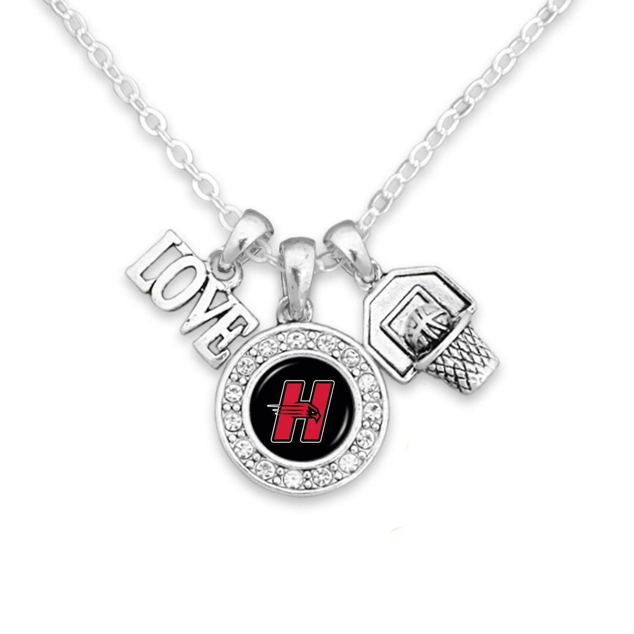 Officially Licensed HARTFORD HAWKS Necklace with Basketball, Love and Logo Pewter Charms Sterling Plated - University of Hartford