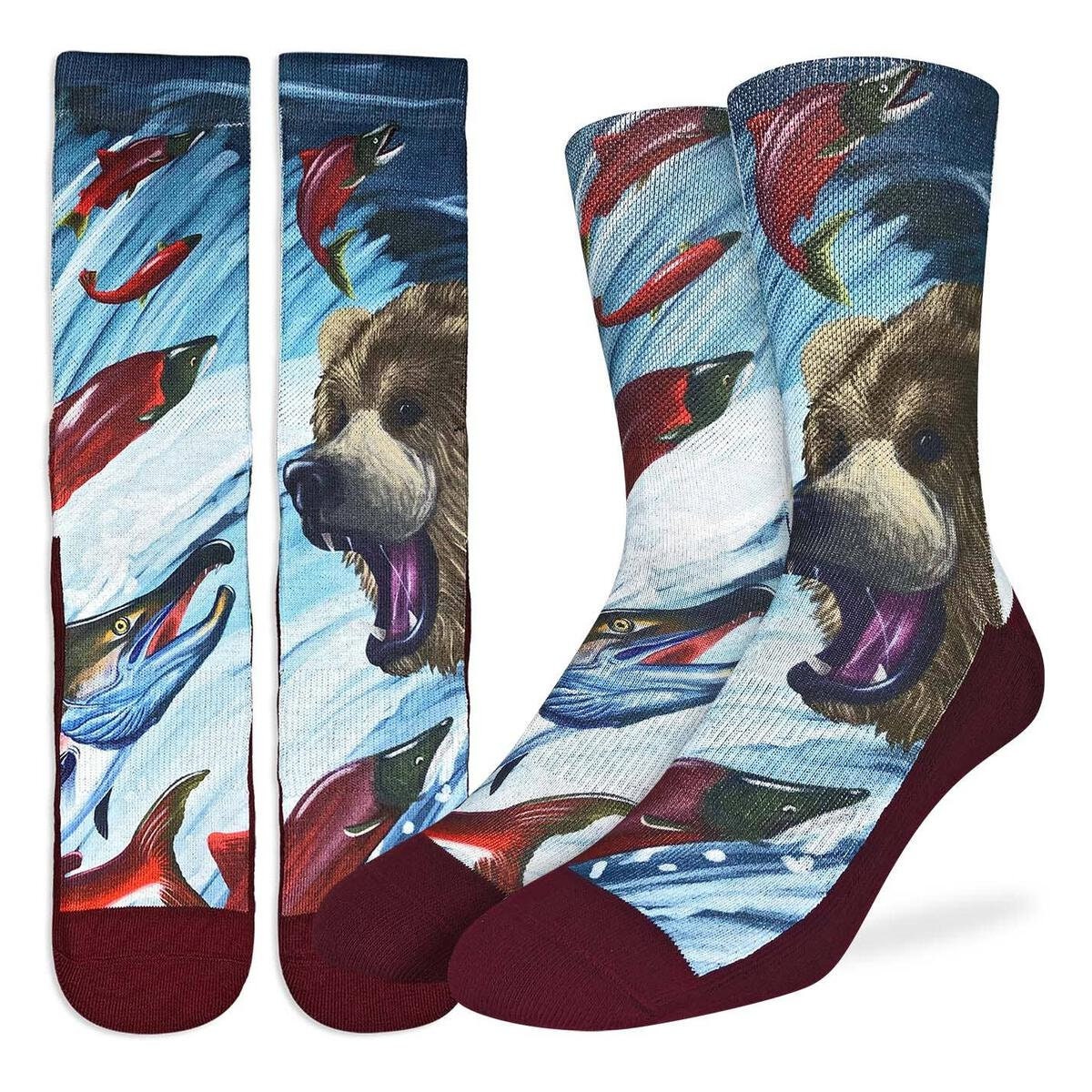 Grizzly Bear & Sockeye Salmon Crew Socks - Novelty Active Fit Socks - Men's Adult 8-12 Unisex - For Craft Costume Supply