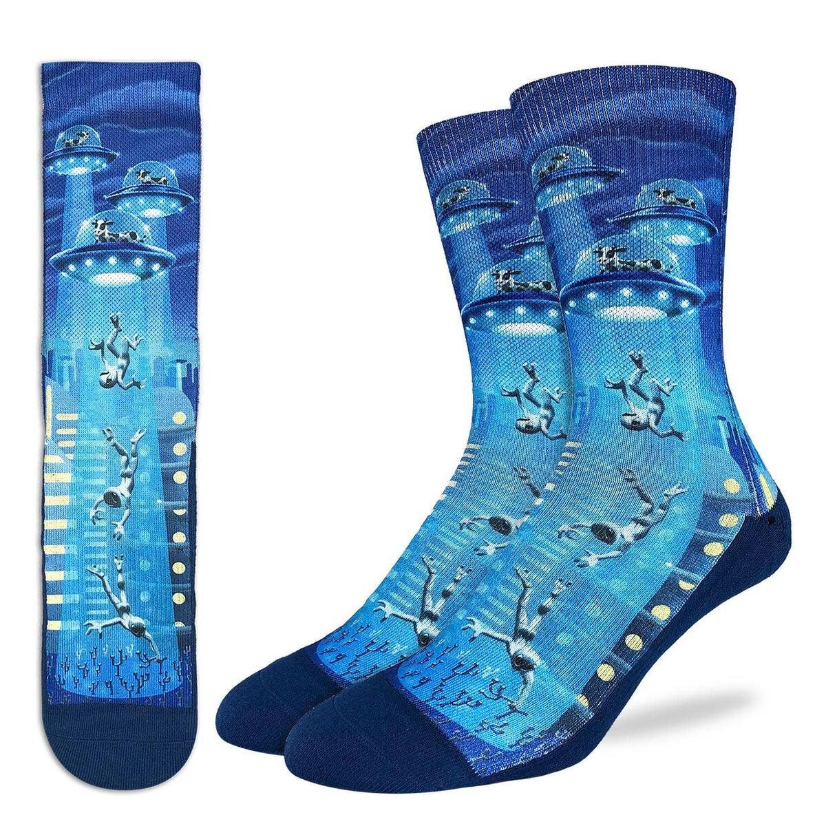 Cows Abducting Aliens Crew Socks - Aliens Cows In UFO Novelty Active Fit Socks - Men's Adult 8-12 Unisex - For Craft Costume Supply