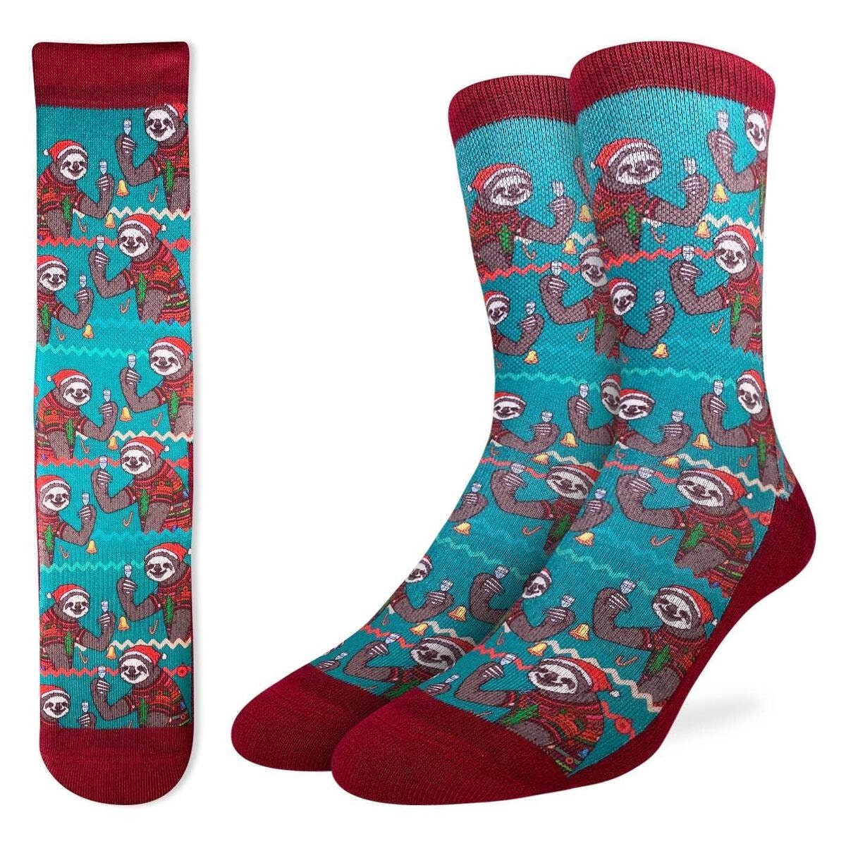 CHRISTMAS SLOTHS Crew Socks - Sloth Christmas Party Novelty Active Fit Socks - Men's Adult 8-12 Unisex - For Craft Costume Supply