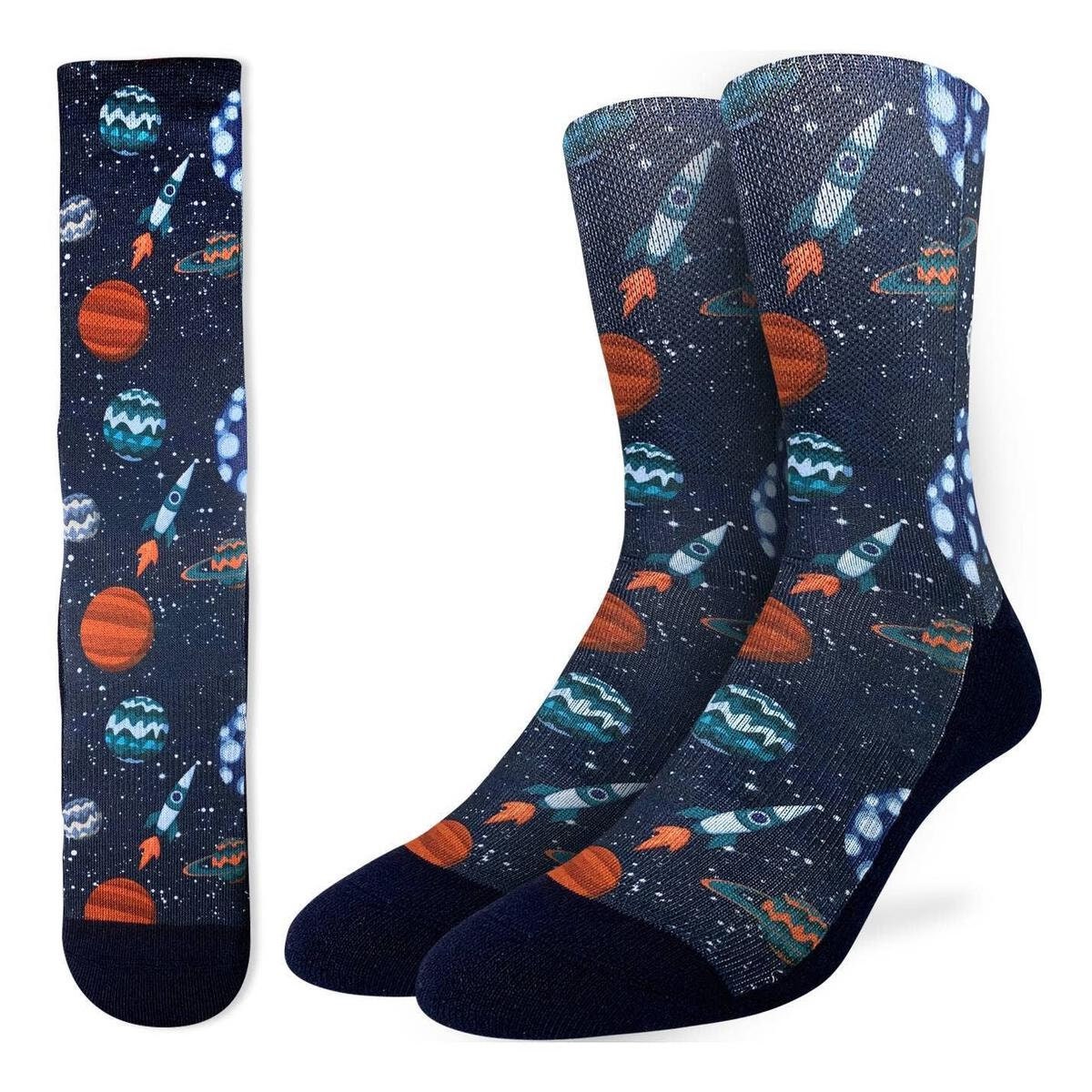 PLANETS AND ROCKETS Crew Socks - Planets Space Mars Rocket Novelty Active Fit Socks - Men's Adult 8-12 Unisex - For Craft Costume Supply