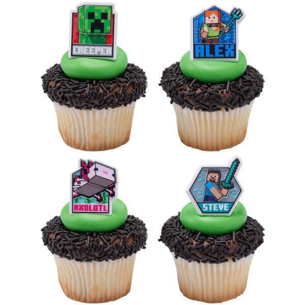 12 MINECRAFT Lush Finds Cupcake Rings - Creeper, Alex, Steve and Axolotl Minecraft Cake Toppers for Birthday Party Decoration Craft Supply