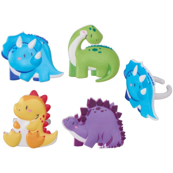 12 CUTSIE DINOSAURS Cupcake Rings - Cupcake Topper Decorations Cake Toppers for Birthday Party Decoration Craft Supply