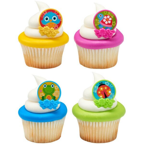 12 Spring Friends Cupcake Rings - Owls, Turtles, Frogs, and Ladybugs Springtime Cupcake Rings - Cake Toppers for Birthday Party