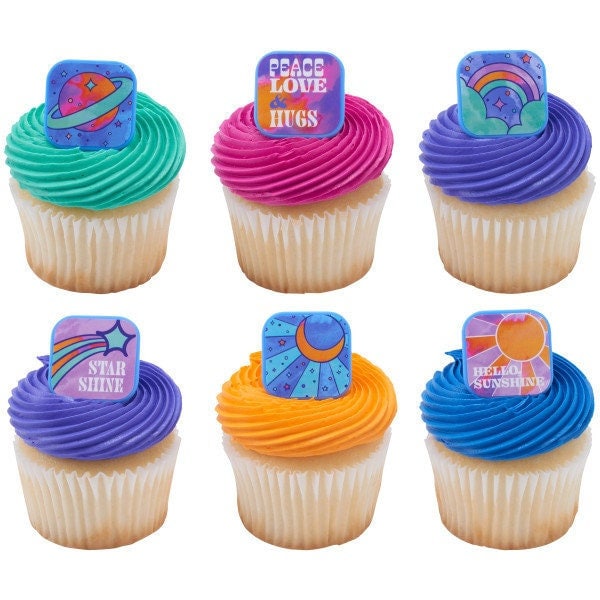 12 Peace, Love & Hugs Cupcake Rings - Rainbow Stars Sun Sunshine Love Happiness Hugs Cupcake Rings - Cake Toppers for Birthday Party