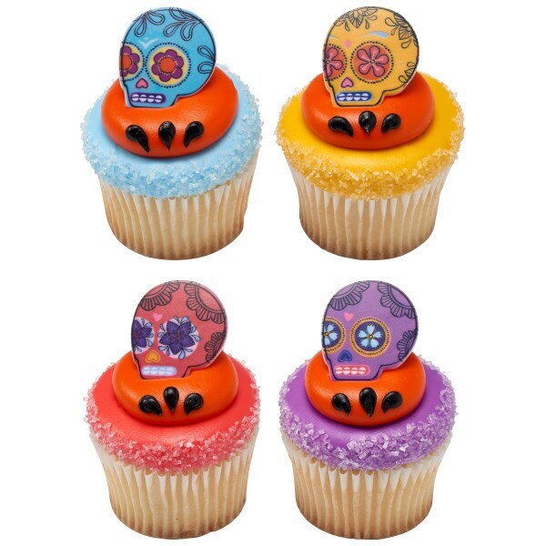 12 Day of the Dead Cupcake Rings - Día de Los Muertos Spirit Skull Cupcake Decorations Cake Toppers for Birthday Party Decoration Craft