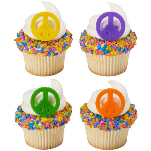 12 PEACE Cupcake Rings - Cupcake Topper Decorations Peace Sign Love Rainbow Hippie Cake Toppers for Birthday Party Decoration Craft Supply