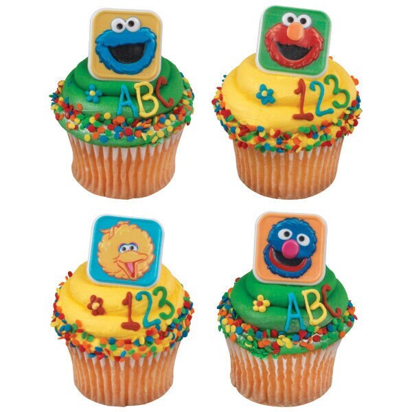 12 SESAME STREET Bright & Fun Cupcake Rings - Big Bird, Grover, Cookie Monster, Elmo Cake Toppers for Birthday Party Decoration Craft Supply