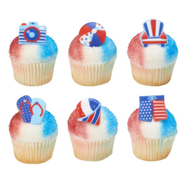 12 Summer Fun Cupcake Rings - beach balls, chairs, flip flops Patriotic Cake Toppers for Birthday Party Decoration Celebration Craft Supply
