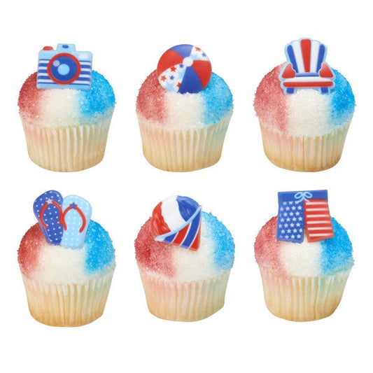 12 Summer Fun Cupcake Rings - Independence Day July 4th Patriotic Cake Toppers for Birthday Party Decoration Celebration Craft Supply