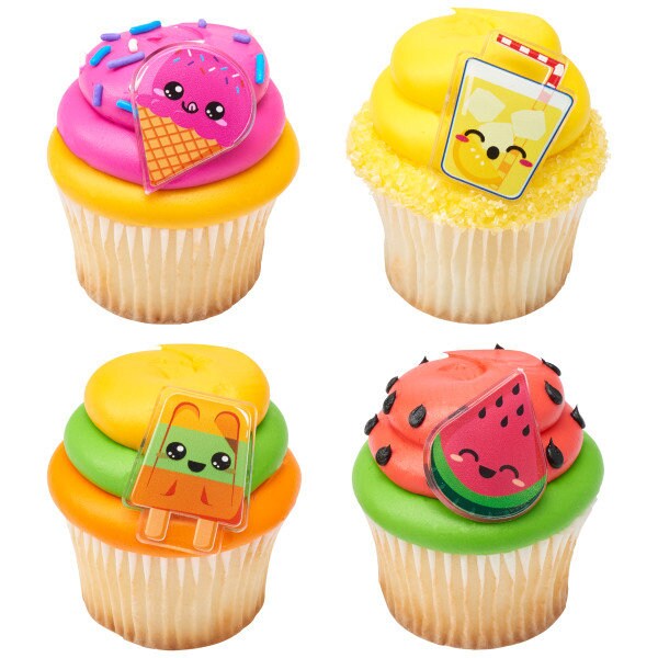 12 COOL SUMMER TREATS Cupcake Rings - Bulldozer Dozer Dump Truck Construction Cake Toppers for Birthday Party Decoration Craft Supply