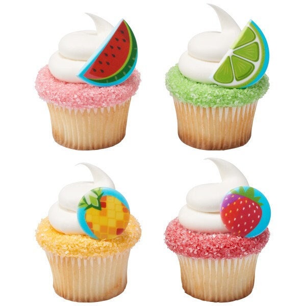 12 Fruit Assortment Cupcake Rings - Summer Pineapple Strawberry Watermelon Party Cake Toppers for Birthday Party Decoration Craft Supply