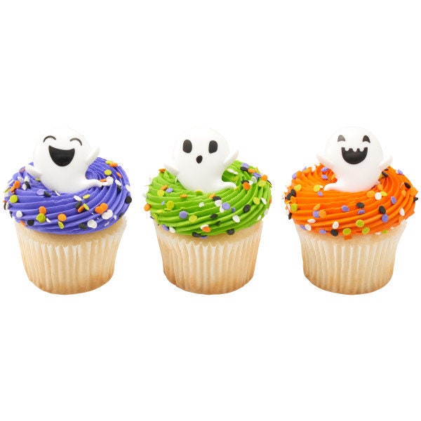 12 Ghosts Cupcake Rings - Silly Ghost Faces Halloween Party Cake Toppers for Birthday Party Decoration Craft Supply