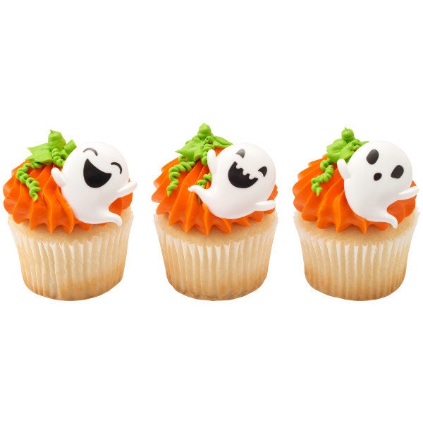 12 Ghosts Cupcake Rings - Silly Ghost Faces Halloween Party Cake Toppers for Birthday Party Decoration Craft Supply