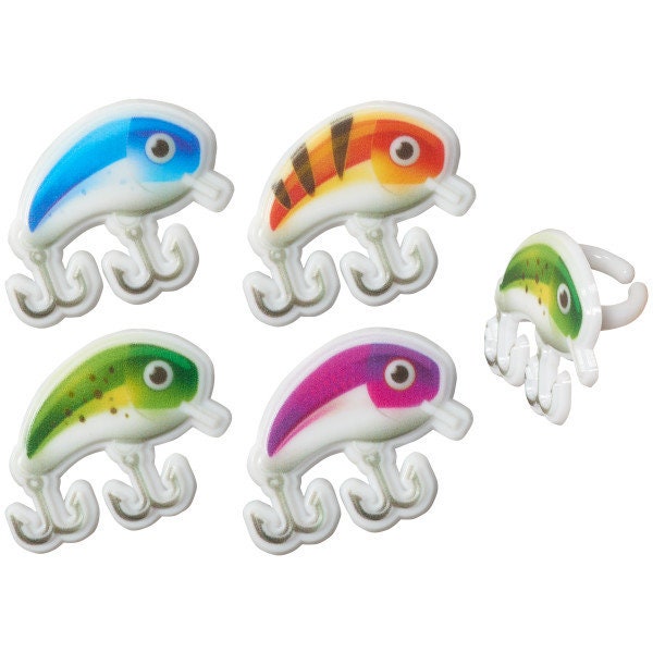 12 Fishing Lure Assortment Cupcake Rings - Dad Fishing Bobbers Pole Party Cake Toppers for Birthday Party Decoration Craft Supply