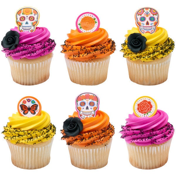 12 Day of the Dead Cupcake Rings - Día de Los Muertos Assortment Skull Cupcake Decorations Cake Toppers for Birthday Party Decoration Craft