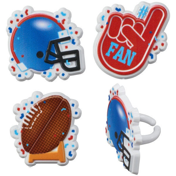 12 Football Assortment Cupcake Rings - Football Player Fan Helmet Team Sports Party Cake Toppers for Birthday Party Decoration Craft Supply