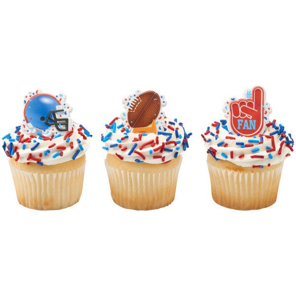 12 Football Assortment Cupcake Rings - Football Player Fan Helmet Team Sports Party Cake Toppers for Birthday Party Decoration Craft Supply
