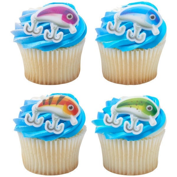 12 Fishing Lure Assortment Cupcake Rings - Dad Fishing Bobbers Pole Party Cake Toppers for Birthday Party Decoration Craft Supply