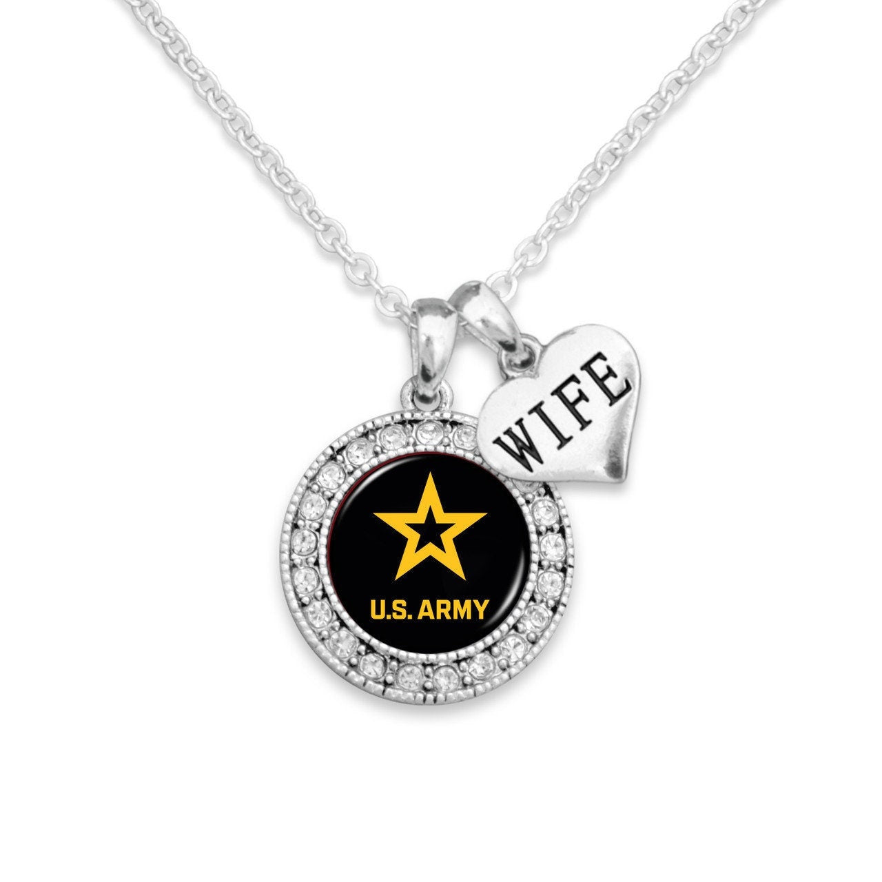 Officially Licensed U.S. ARMY Wife Round Crystal Necklace - ARMY Wife Double Charm Necklace with Pewter Charm Sterling Plated