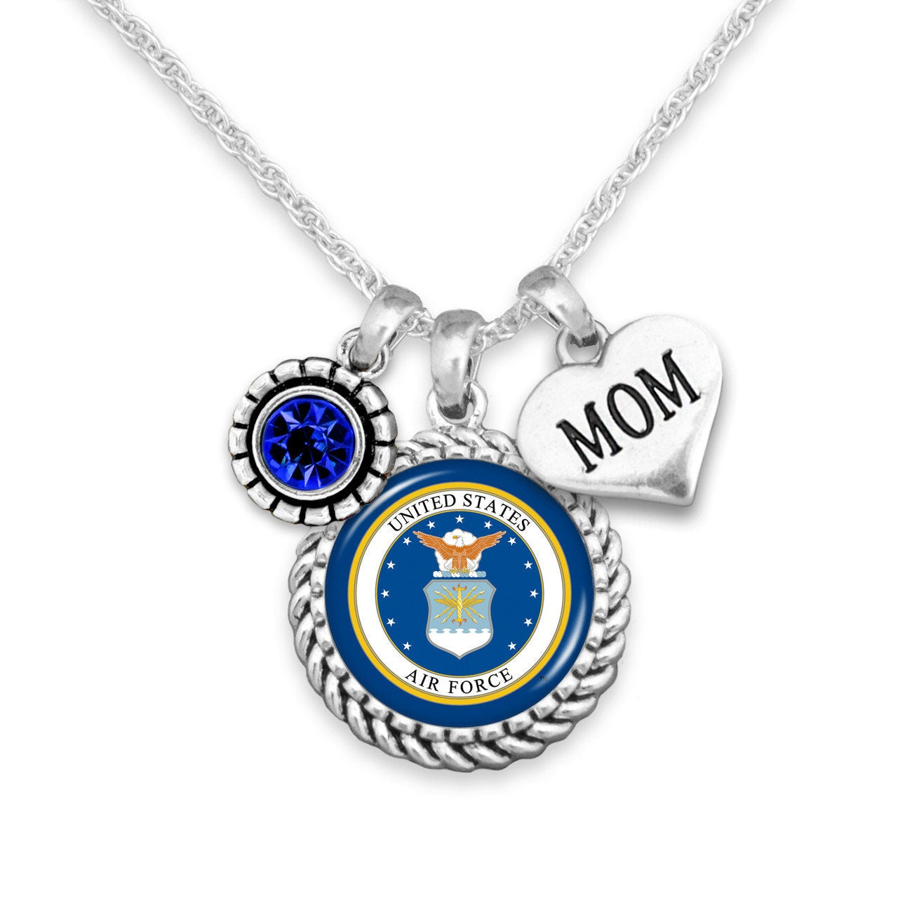 Officially Licensed U.S. AIR FORCE Necklace for Mom - Air Force Mom Triple Charm Blue Crystal Necklace with Pewter Charms Sterling Plated