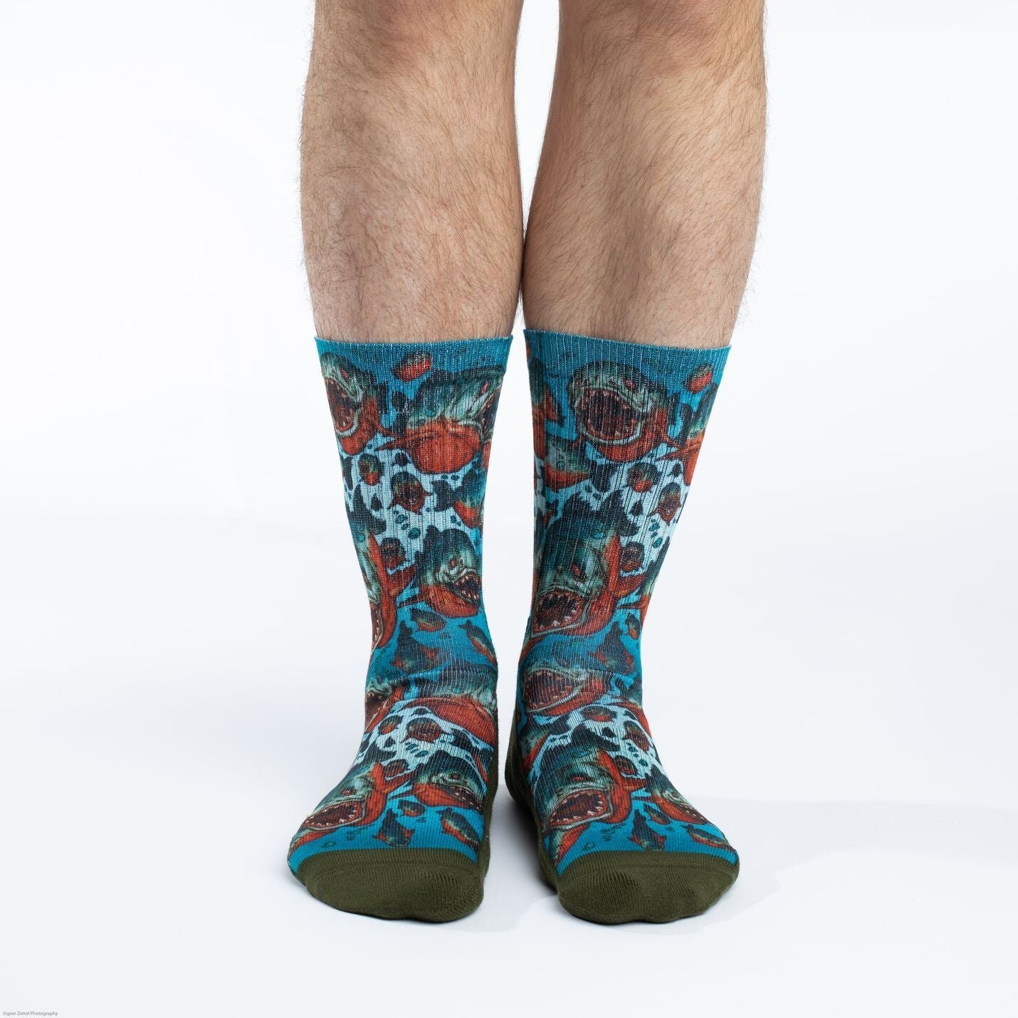 PIRANHAS Crew Socks - Novelty Active Fit Socks - Men's Adult 8-12 Unisex - Freshwater Attack Fish - For Craft Costume Supply