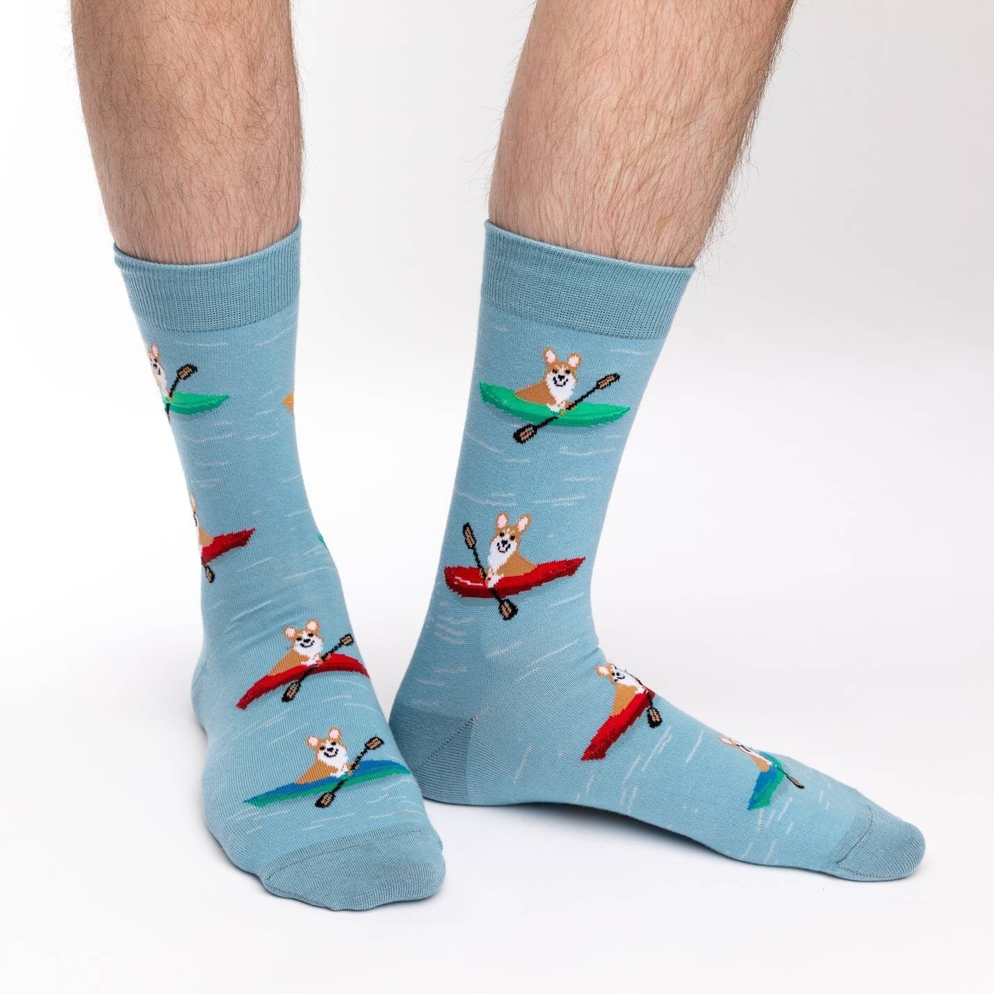 CORGI KAYAKING Crew Socks - Novelty Active Fit Socks - Men's Adult 8-12 Unisex - Corgi Dog Pet Lover - For Craft Costume Supply