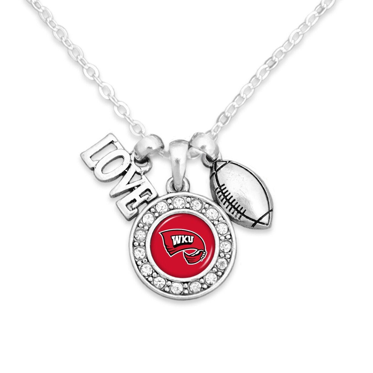 Officially Licensed WESTERN KENTUCKY HILLTOPPERS Necklace with Football, Love and Logo Pewter Charms Sterling Plated - Western Kentucky wku