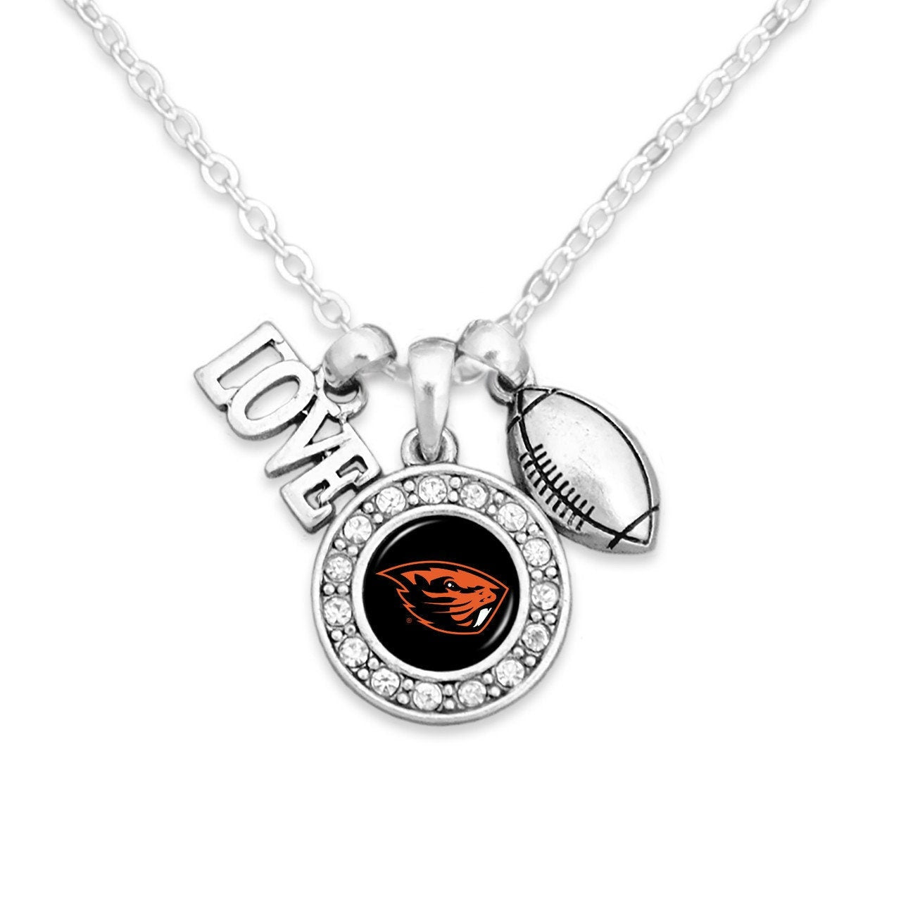 Officially Licensed OREGON STATE BEAVERS Necklace with Football, Love and Logo Pewter Charms Sterling Plated - Oregon State University