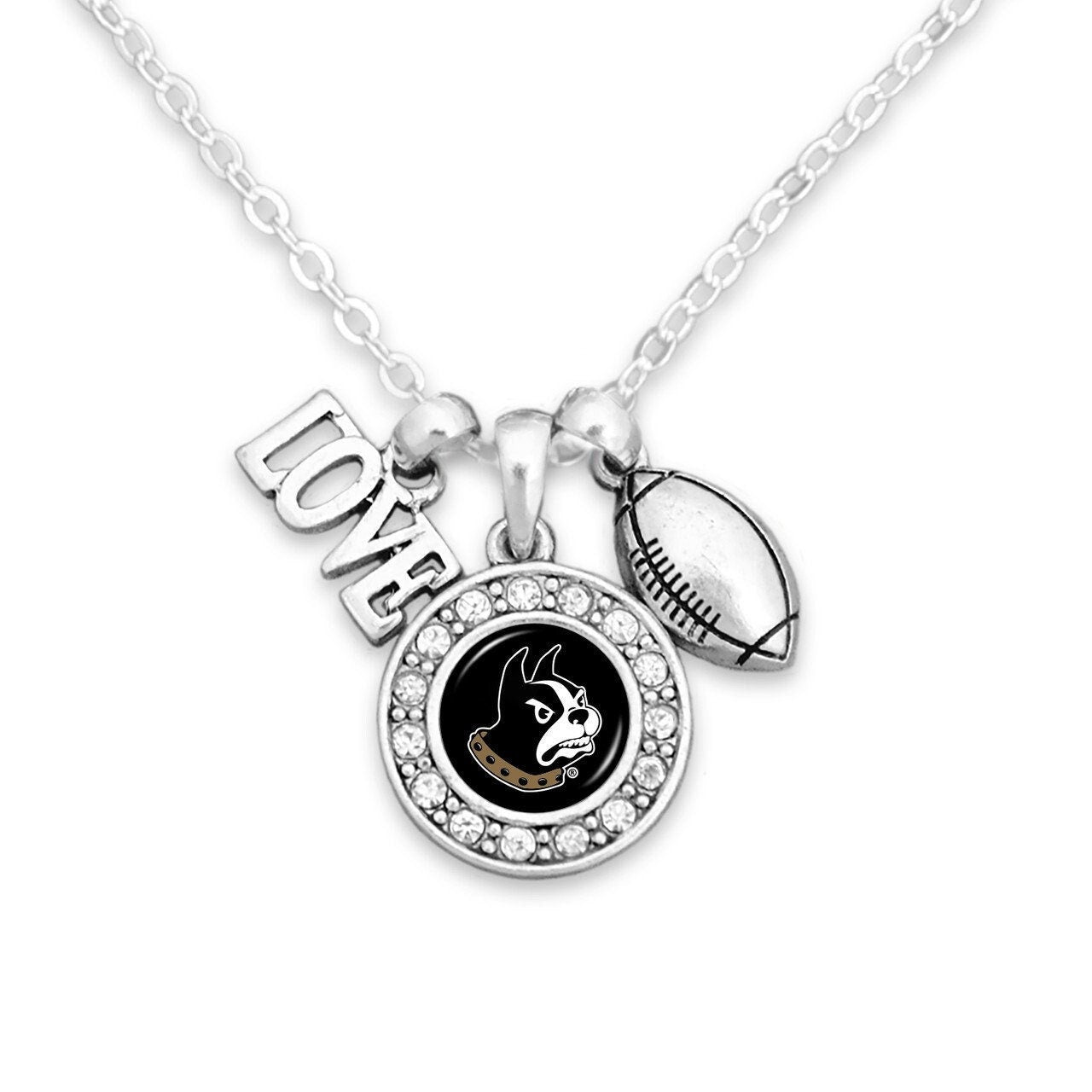Officially Licensed WOFFORD TERRIERS Necklace with Football, Love and Logo Pewter Charms Sterling Plated - Wofford College