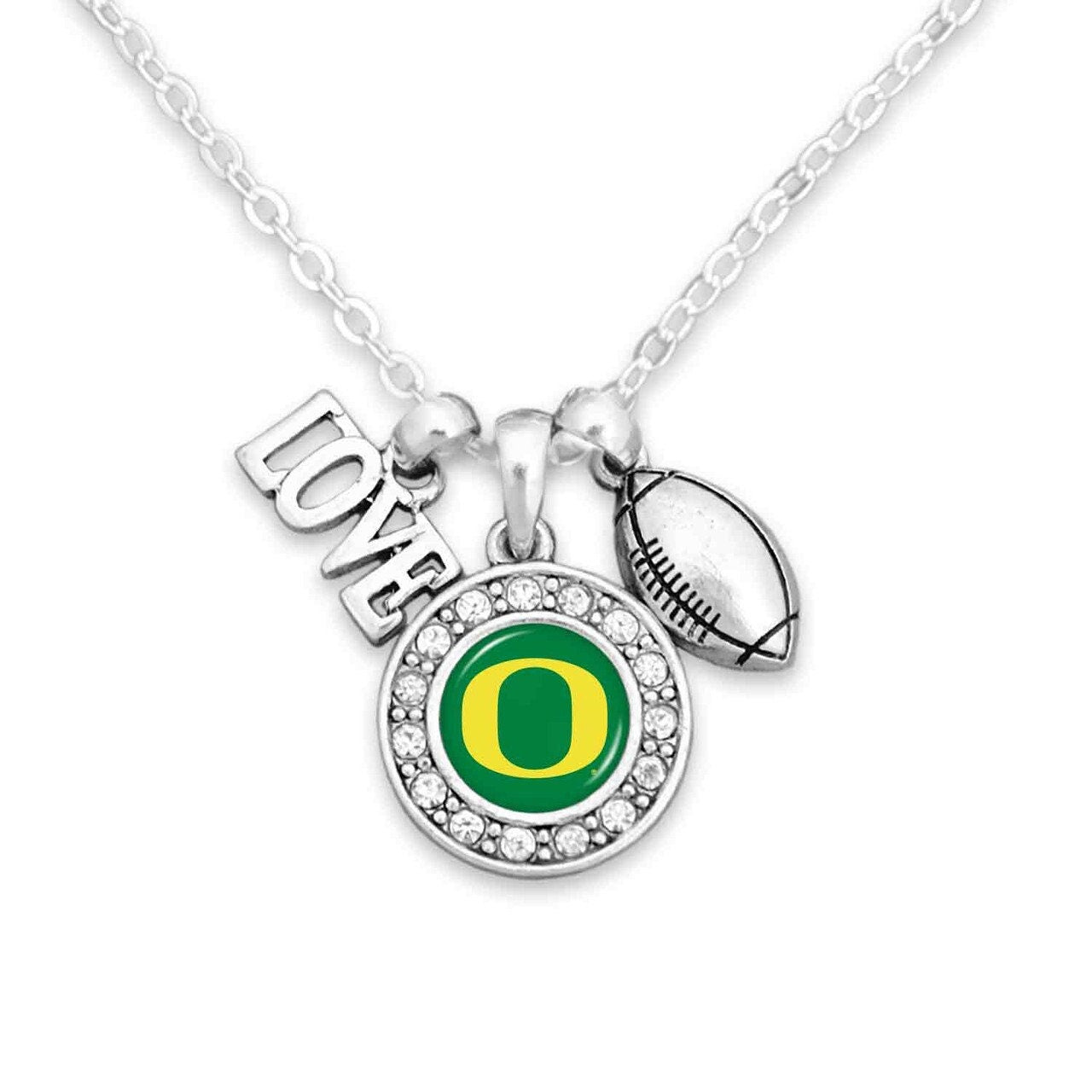 Officially Licensed OREGON DUCKS Necklace with Football, Love and Logo Pewter Charms Sterling Plated - University of Oregon