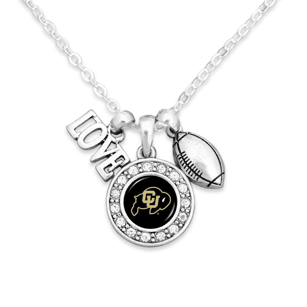 Officially Licensed COLORADO BUFFALOES Necklace with Football, Love and Logo Pewter Charms Sterling Plated - University of Colorado