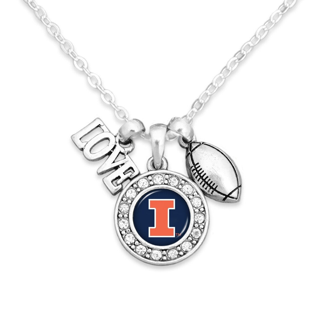 Officially Licensed ILLINOIS FIGHTING ILLINI Necklace with Football, Love and Logo Pewter Charms Sterling Plated - University of Illinois