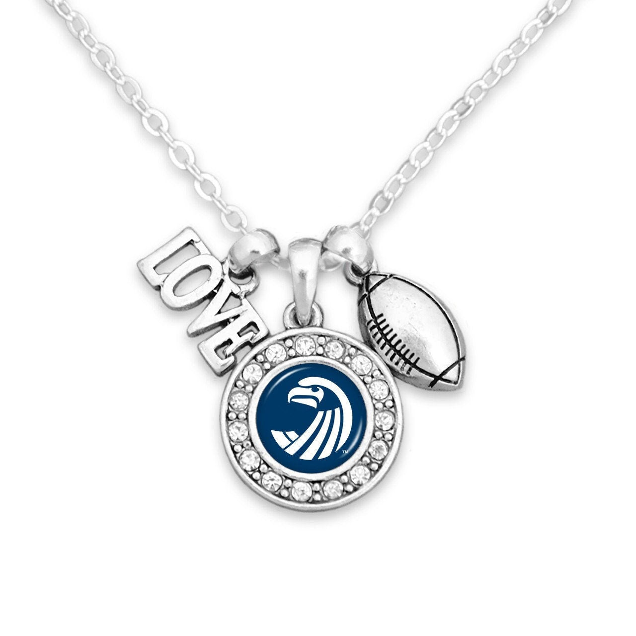 Officially Licensed SALVE REGINA SEAHAWKS Necklace with Football, Love and Logo Pewter Charms Sterling Plated - Salve Regina University