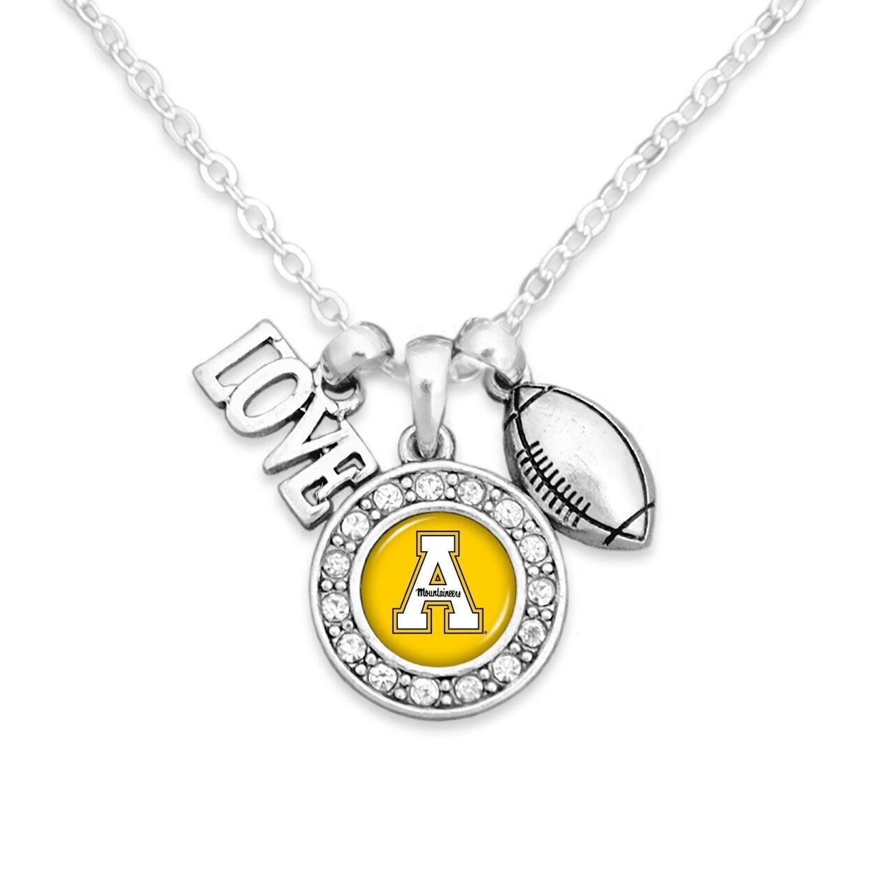 Officially Licensed APPALACHIAN STATE MOUNTAINEERS Necklace with Football, Love and Logo Pewter Charms Sterling Plated - Appalachian State