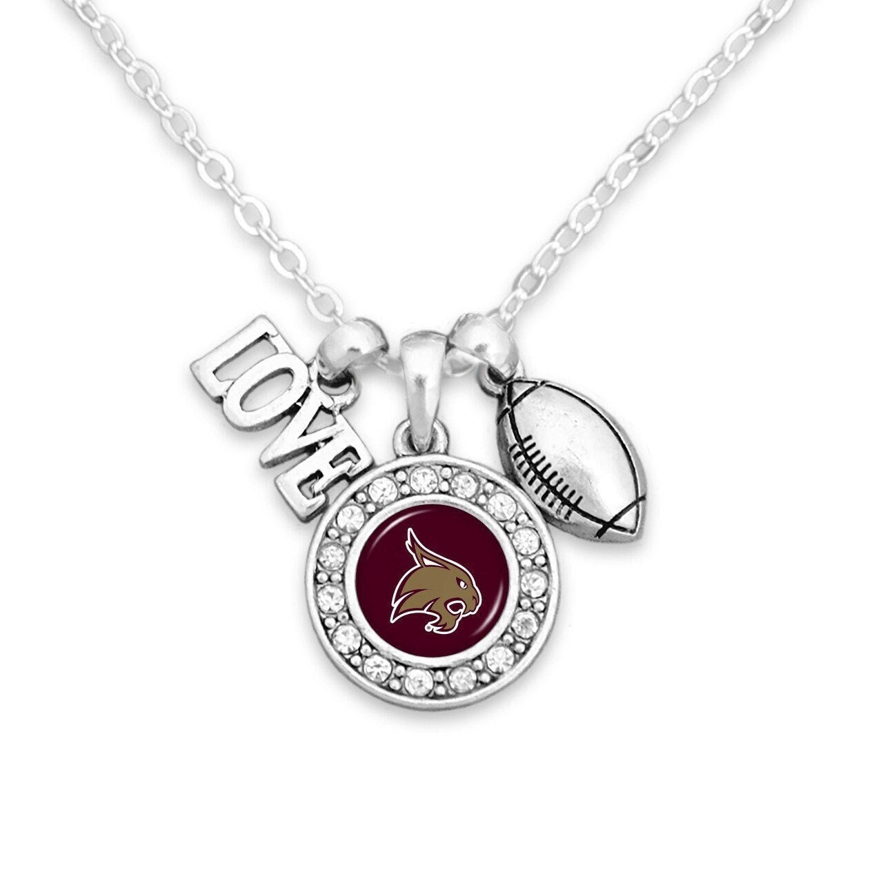 Officially Licensed TEXAS STATE BOBCATS Necklace with Football, Love and Logo Pewter Charms Sterling Plated - Texas State University
