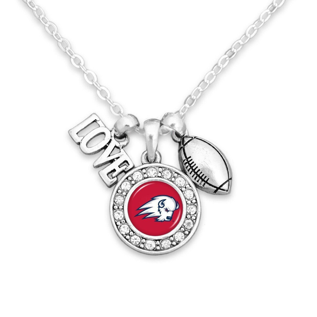 Officially Licensed UTAH TECH TRAILBLAZERS Necklace with Football, Love and Logo Pewter Charms Sterling Plated - Utah Tech University