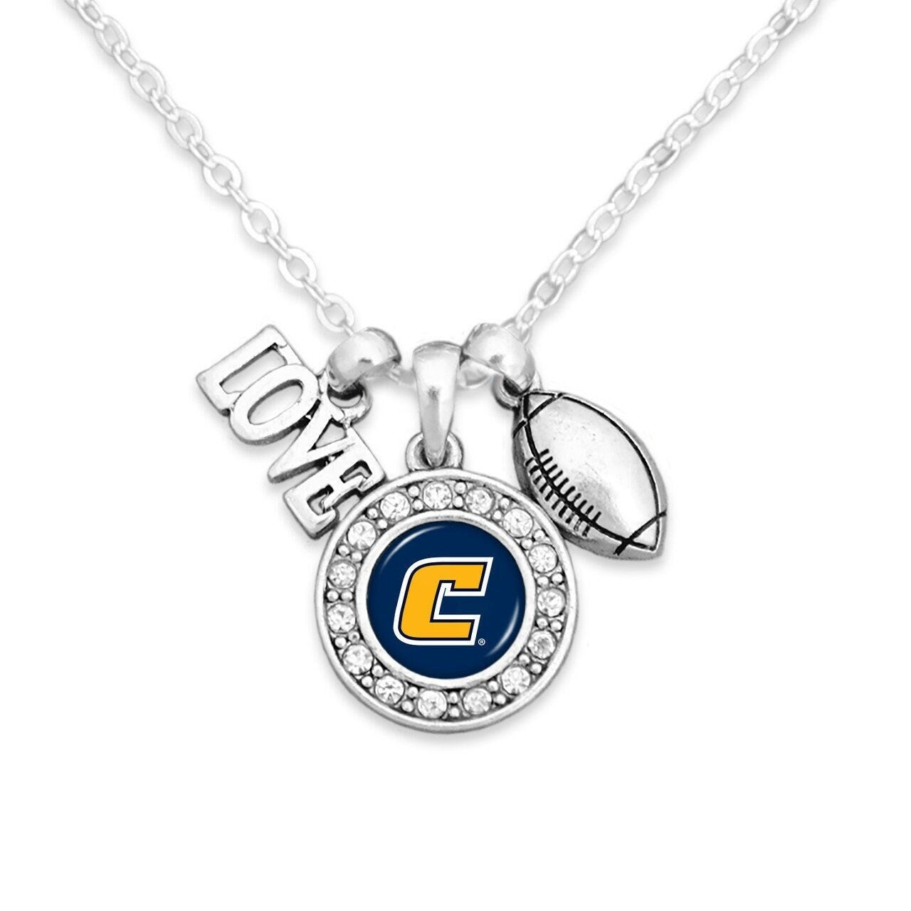 Officially Licensed CHATTANOOGA (Tennessee) MOCS Necklace with Football, Love and Logo Pewter Charms Sterling Plated - Chattanooga Mocs
