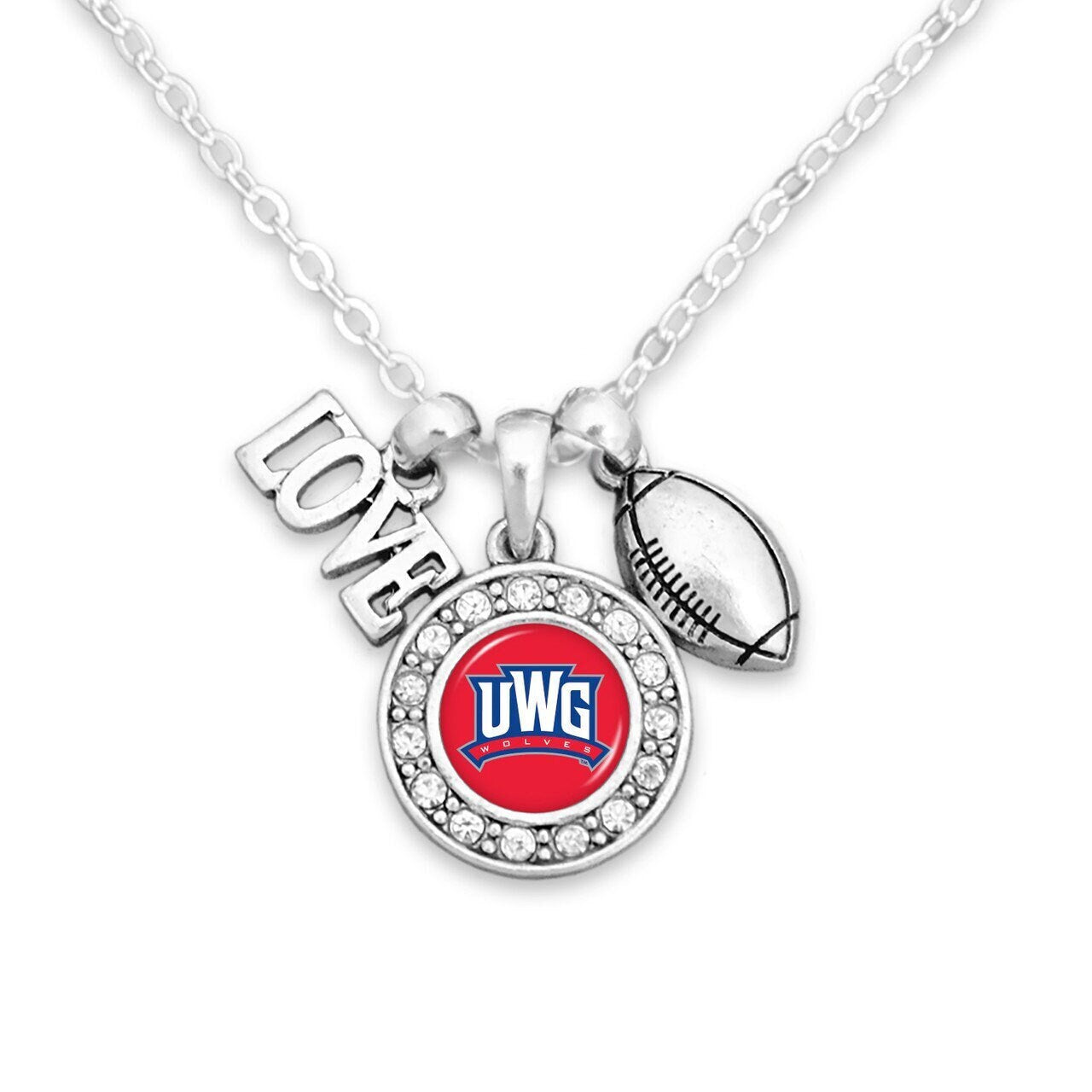 Officially Licensed WEST GEORGIA WOLVES Necklace with Football, Love and Logo Pewter Charms Sterling Plated - University of West Georgia
