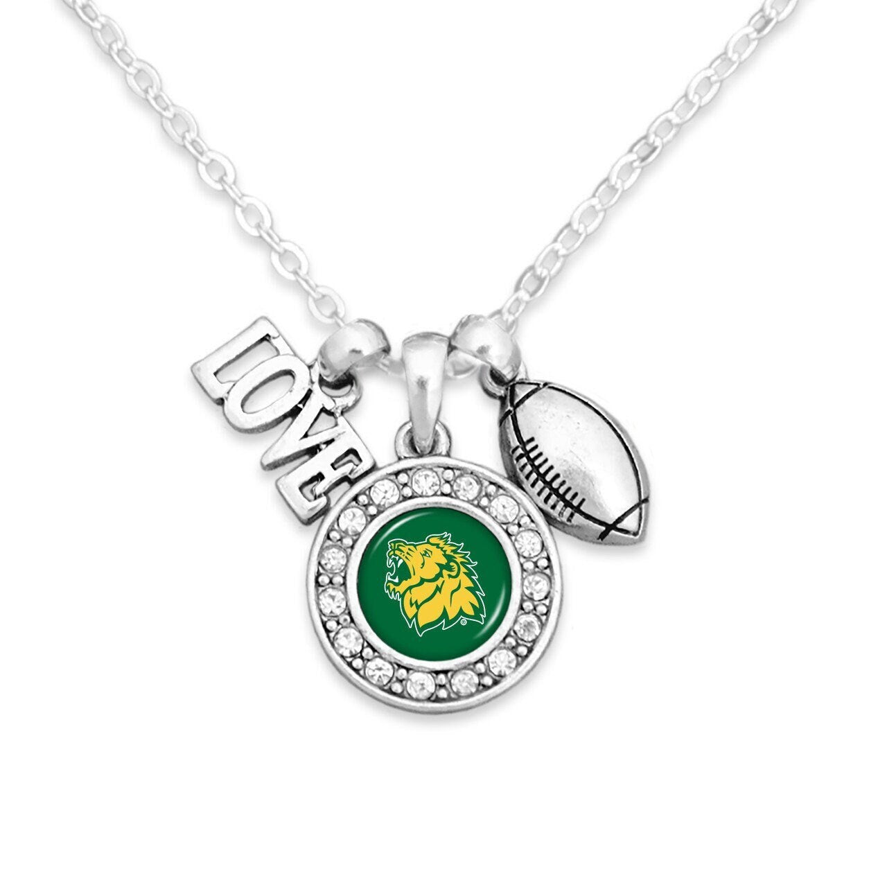 Officially Licensed MISSOURI STATE LIONS Necklace with Football, Love and Logo Pewter Charms Sterling Plated - Missouri Southern State Univ
