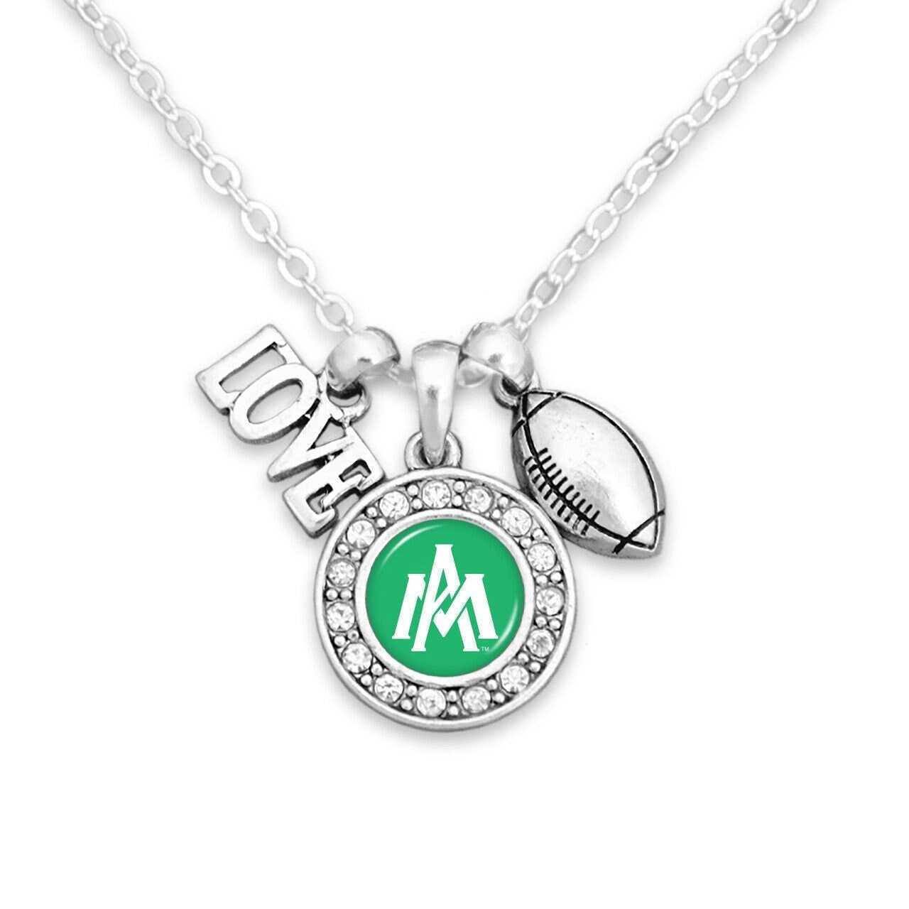 Officially Licensed Arkansas-Monticello Boll Weevils Necklace with Football, Love and Logo Pewter Charms Sterling Plated - Univ of Arkansas