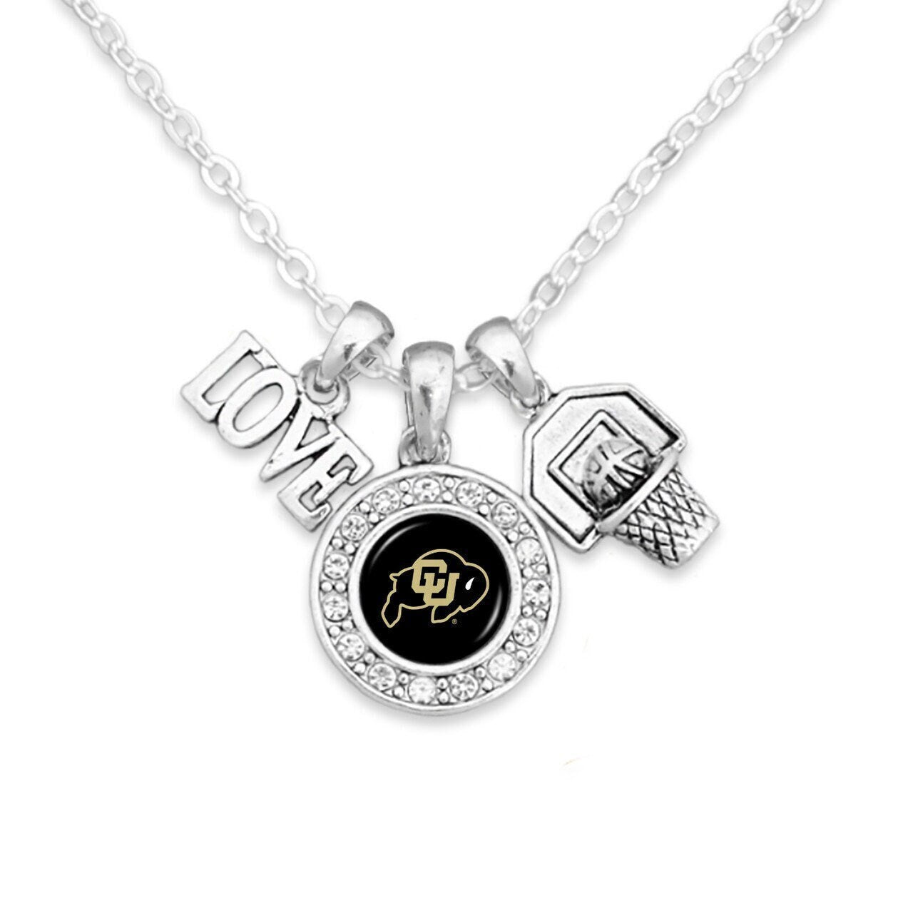Officially Licensed COLORADO BUFFALOES Necklace with Basketball, Love and Logo Pewter Charms Sterling Plated - University of Colorado