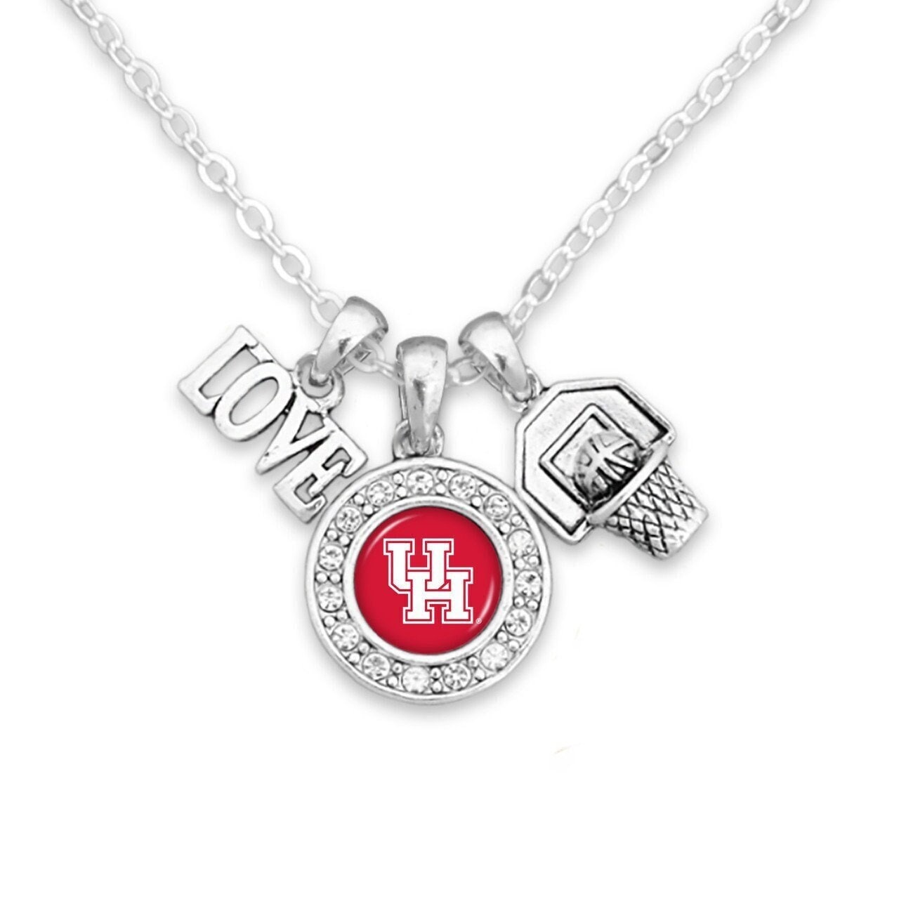 Officially Licensed HOUSTON COUGARS Necklace with Basketball, Love and Logo Pewter Charms Sterling Plated - University of Houston