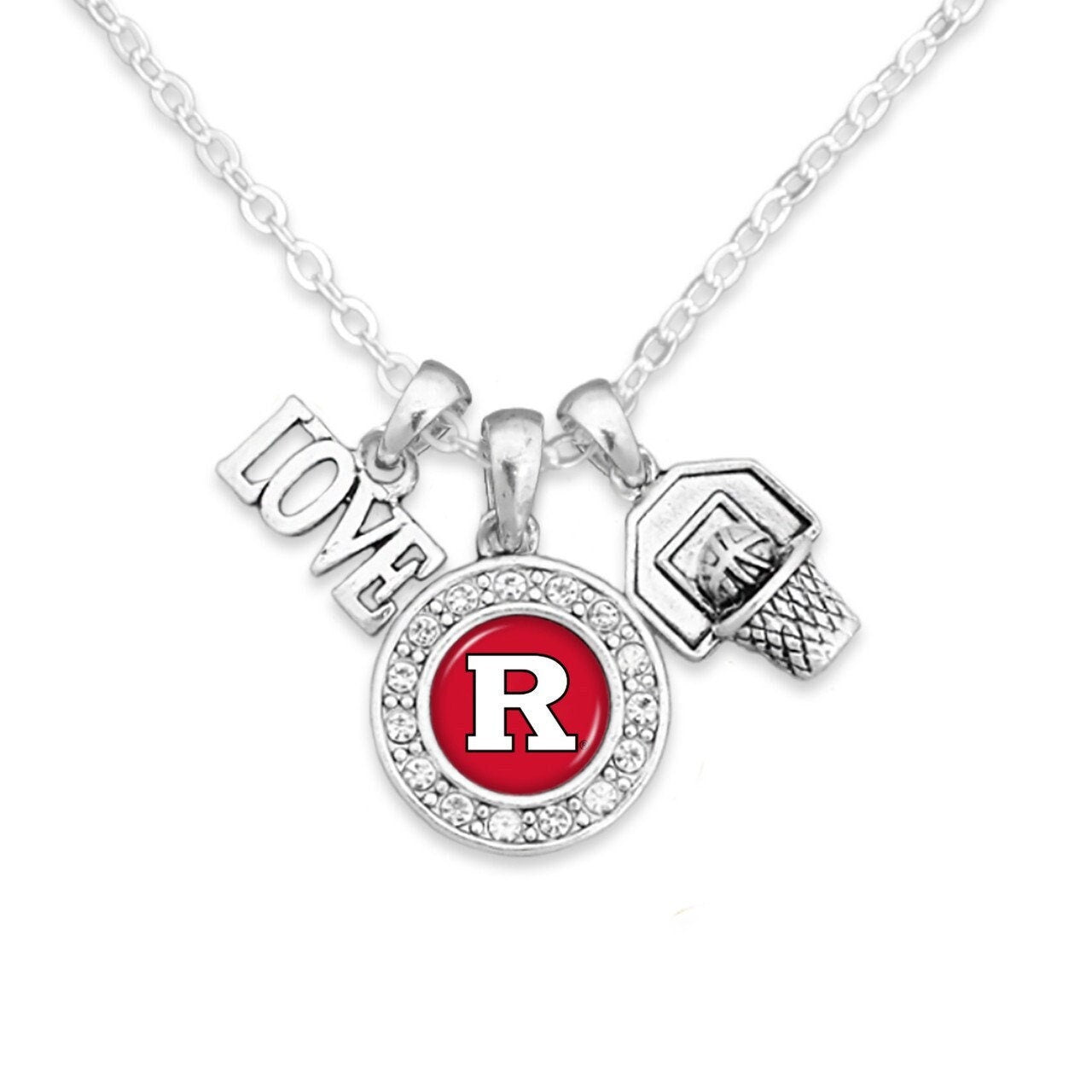 Officially Licensed RUTGERS SCARLET KNIGHTS Necklace with Basketball, Love and Logo Pewter Charms Sterling Plated - Rutgers University